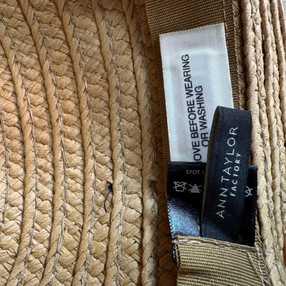 Ann Taylor Factory Straw Fedora Hat Tan Tropical Leaf Print Band Summer Sun Hat